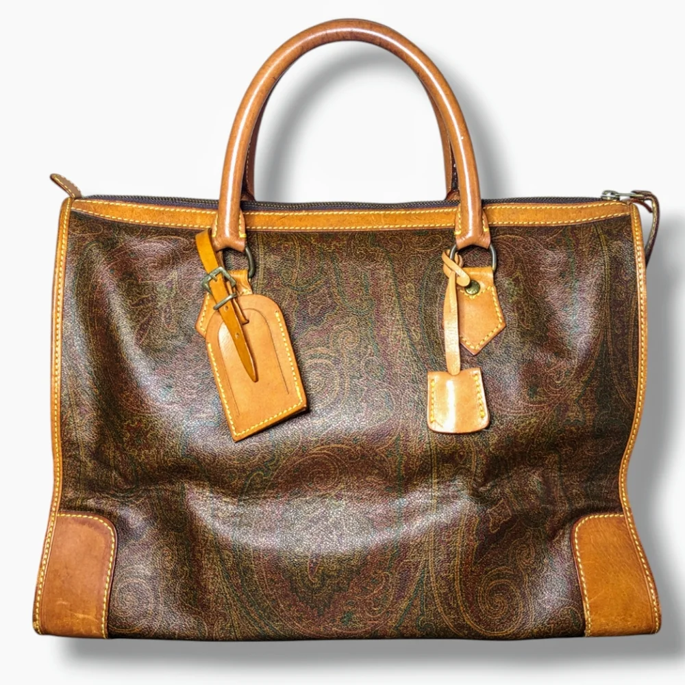 Etro | Vintage Milano Burgundy Paisley Tan Trim Leather Tote Bag - Picture 1 of 8